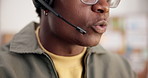 Consultant, mouth and black man with headset in office for customer service or telemarketing. Man, agent or talking with mic or communication for virtual assistance, CRM or online advice in workplace