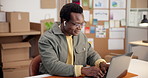 Laptop, music and typing with black man in office for design, planning or project management. Computer, earphones and steaming with happy designer at desk in creative workplace for online report