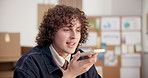Man, logistics and phone in small business for voice note, audio message and schedule reminder. Entrepreneur, tech and talking in startup with planning app, distribution update and order confirmation