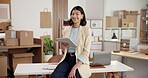 Face, happy woman and tablet in small business for logistics invoice, fleet tracking or about us. Laugh, person and tech in supply chain for shipment status, digital receipt and bill of lading review