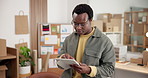 Typing, man or tablet in small business for shipping cost enquiry, fleet tracking or check invoice. Logistics, black person and happy with tech for shipment status, digital receipt and bill of lading