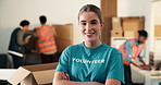 Woman, volunteer and face at event with arms crossed, charity preparation and outreach program. Coordinator, confident and happy in NGO for food drive, social responsibility or donations for project