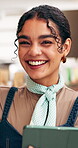 Hospitality, face and happy woman in cafe with tablet, customer service and owner of dining business. Smile, tech and restaurant entrepreneur with laugh, about us and confidence in culinary industry.