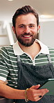 Hospitality, face and man in cafe with tablet, food service manager and owner of dining business. Happy, tech and restaurant entrepreneur with portrait, about us and confidence in culinary industry.
