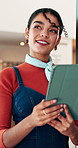 Thinking, tablet and woman in cafe with smile, website insight and stock checklist in digital track. Hospitality, happy and owner with tech, inventory management and menu planning on restaurant app.