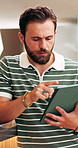 Man, owner and reading at cafe with tablet, research and inventory management for menu update. Person, review and email at coffee shop with digital, stock checklist and increase price for hospitality