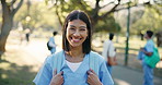 Face, park and happy woman for medical internship, scholarship or residence in nursing school. Portrait, female person or healthcare nurse with smile for outdoor health service, learning or education