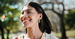 Student, woman and thinking at university with smile, education and optimism for degree aspiration. Happy, person and outdoor at college with scholarship, future and positivity for start of semester.