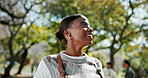 Student, woman and thinking at college with backpack, education and optimistic for degree aspiration. Happy, black person and outdoor at university with scholarship, vision and positivity for future.