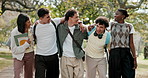 Happy, friends or college student in park with walk, group hug or connection in higher education. Diversity, laugh or people with embrace, peer bonding or university support in study opportunity.
