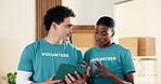 Volunteer, team and discussion in charity with tablet, brainstorming and planning non profit project. People, talk and tech with schedule, social responsibility or partnership for outreach initiative