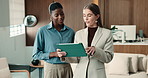Women, tablet and conversation with team in office for sales proposal, financial suggestion or idea. Tech, happy people and collaboration in business, investment solution or help with budget feedback