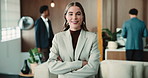 Face, smile and woman in company with confidence, career satisfaction or wealth consultant laughing. Arms folded, happy person or funny investment advisor with positive attitude in corporate business