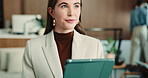 Thinking, review or woman in office with tablet, cost track or budget insight for funding pitch. Reflection, digital or finance advisor with tech, portfolio evaluation or proposal idea for investment