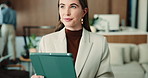 Thinking, review and woman in firm with tablet, cost track or budget insight for funding pitch. Reflection, digital or finance advisor with tech, portfolio evaluation or proposal ideas for investment