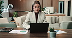 Business, woman and typing in office with laptop, research and data analysis for revenue growth. Female person, email and documents in workplace with pc, pie chart and finance stats of company profit