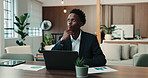 Finance, thinking or black man in office with laptop, cost review or budget insight for funding pitch. Reflection, digital or stats analyst with tech, portfolio check or proposal ideas for investment