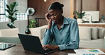 Laptop, stress and black woman with headache in office for mistake, financial crisis or debt review. Tired, female person or pain with migraine or brain fog on computer for bankruptcy in workplace