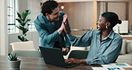 Laptop, winning and business team with high five in office for company success or good news. People, businessman or woman with smile, tablet or computer for performance or achievement in workplace