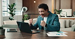 Winning, laptop and businessman with fist pump in office for achievement, victory or good news. Happy man, employee or analyst with smile on computer for project performance or business success