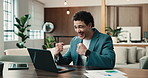 Success, laptop and businessman with fist pump in office for achievement, victory or good news. Happy man, employee or analyst with smile on computer for project performance or winning in workplace
