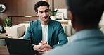 Businessman, meeting and interview with laptop in office for hiring, job opportunity or skillset. Man, listening and candidate with computer in recruiting process for career startup or onboarding