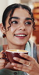 Woman, relax and drinking coffee in cafe with smile, vision and thinking of future on weekend break. Happy, female person and warm beverage in restaurant with caffeine, reflection and good mood.