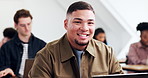 Face, man and university student in classroom with laptop, smile or scholarship for higher education. Happy, person and study opportunity at college with computer, course and lecture for knowledge.