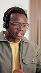 Logistics, chat or black man in office with headset, order management or crm support for webshop. Distribution, telecom or agent with mic, customer service or delivery tracking for online store.
