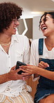 Couple, laugh and talk in cafe with phone, browsing online and bonding with funny social media post. Happy, people and conversation in diner with mobile tech, meme and date with romantic partner.