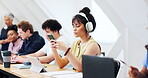 Phone, students and woman in with music in university lecture hall, education and scholarship. Headphones, person and study opportunity at college with tech, academic class or learning for future.