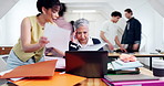 Mature, laptop and teacher with chaos in university for academic pressure or overworked stress. Female person, overwhelmed lecturer or timelapse with busy students for project deadline or tasks