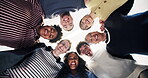 University students, face and friends with smile, hug and laugh with professor and bonding together. Low angle, portrait and embrace with happy people, education and support for academic growth