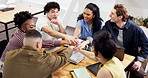 Creative, team or happy people with hands together in office for collaboration, agreement or unity. Excited, group or employees piling with stack or smile for business trust, support or celebration