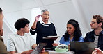 Tablet, lecturer and talking with college students for education, course or assignment review. Tech, people and professor in university for knowledge development, teaching curriculum or learning