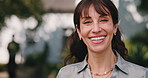 Face, professor and woman at university with smile, teaching experience and higher education career. Happy, mature person and lecturer outdoor at college with expertise, knowledge and pride for job.