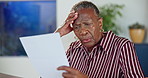 Paperwork, stress and old woman in home with concern, reading and financial crisis for utility bills. Senior, black person and worry with documents, expensive household cost and finance challenge.