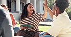 College students, high five and happy friends with tablet, outdoor or studying together for project. University, success and people with tech for research, laughing and celebration for achievement