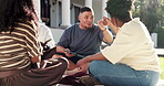 College students, fist bump and happy friends with tablet, outdoor or studying together for project. University, education and people with tech for research, laughing and celebration for achievement