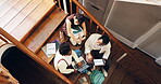 People, stairs and university students with technology for discussion, group assignment, or research. Above, man and women at college with laptop, tablet and books for study, thesis or education
