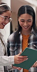 Happy, students and talk at college with tablet, check online learning platform and bonding together. Women, smile and discussion outdoor at university with tech, research course or higher education.