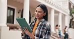 Woman, student and outdoor with tablet for education, typing and smile for class registration app. Academic, tech and scroll on campus for schedule, scholarship requirements and happy for opportunity