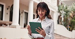 Teacher, research and happy woman with tablet in university for higher education or development. Female person, academic lecturer or educator with technology on college campus for learning curriculum