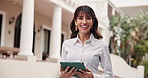 Face, teacher and happy woman with tablet in university for higher education or development. Portrait, female person or academic lecturer with smile or technology on college campus for learning app