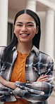 Face, student and woman at university campus with confidence, scholarship development or smile. College, portrait or happy person with arms crossed, academic learning or education opportunity outdoor