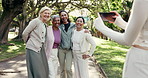 Friends, photo and senior women in park for social media, online post and memory with fresh air. Happy, outdoor and mature people with phone, picture and smile for bonding, exercise and wellness