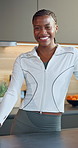 Fitness, face and woman in kitchen with smile for break, wellness and activewear for health. Home, happy black person and portrait with sportswear for exercise lifestyle, laughing and self care