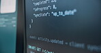 Code, sync or software development on computer screen, data conversion or batch processing in agency. Digital, coding or information input with tech, script analysis or backend encryption in office.