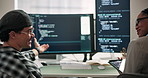 People, talk and computer in office for programming, coding and update firewall for cybersecurity. Smile, team and screen in workplace with tech, debugging system and testing for data protection