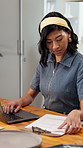 Woman, owner and clipboard at startup for pottery, confirm booking and invoice for update pricing. Potter, review or document in office with laptop, availability and material cost for online purchase